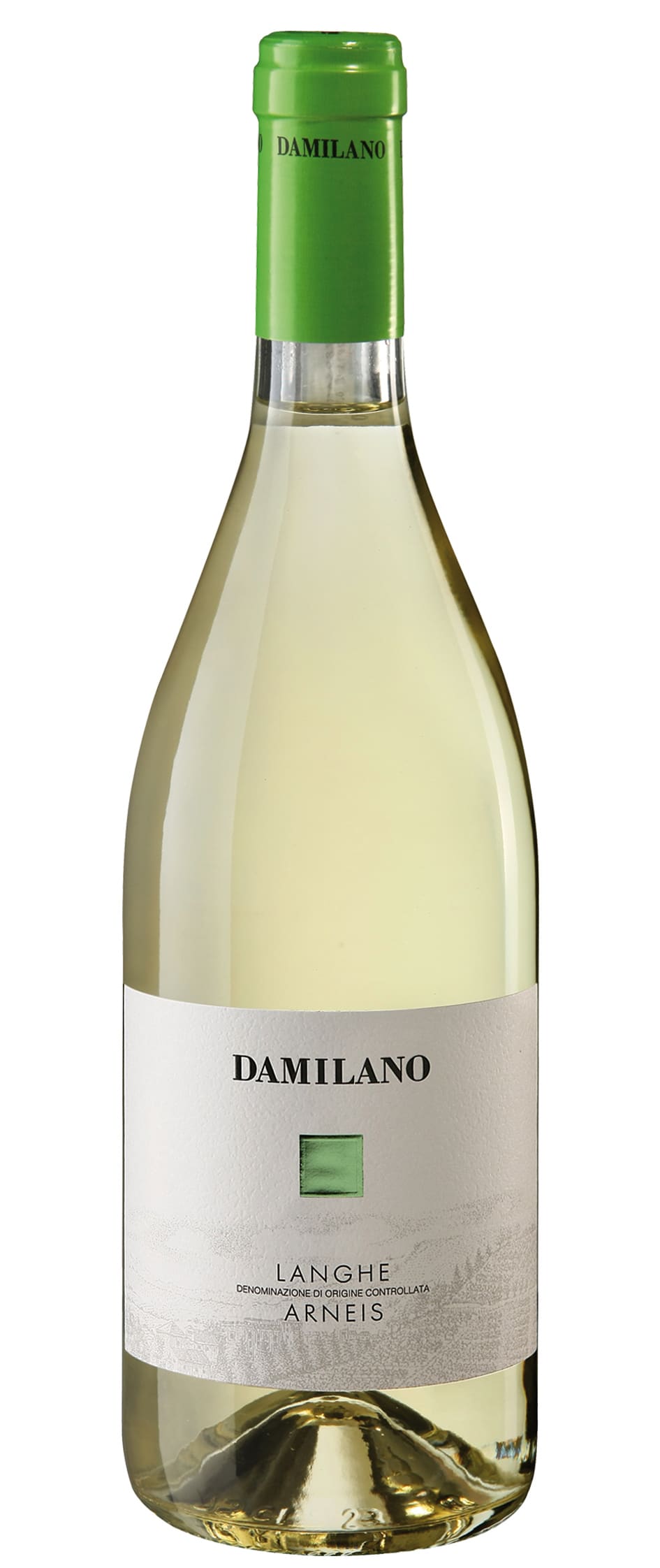 Bottle of Damilano white wine with a green cap on a white background