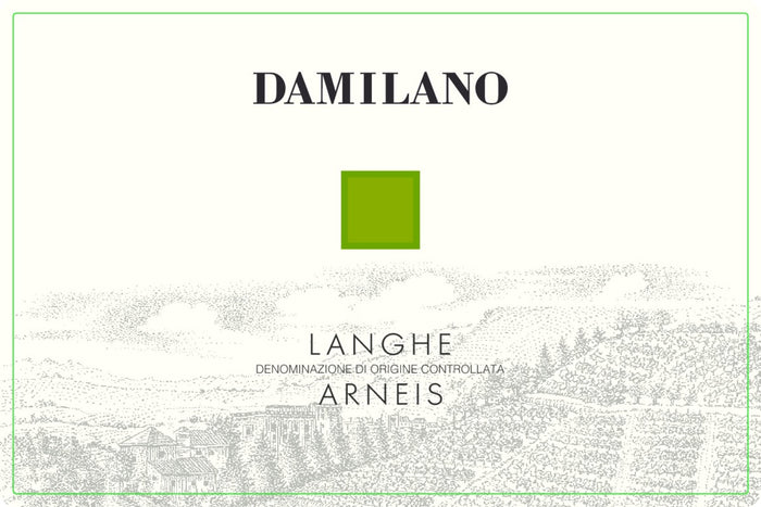 Wine label for Damilano Langhe Arneis with a green square and mountainous background.