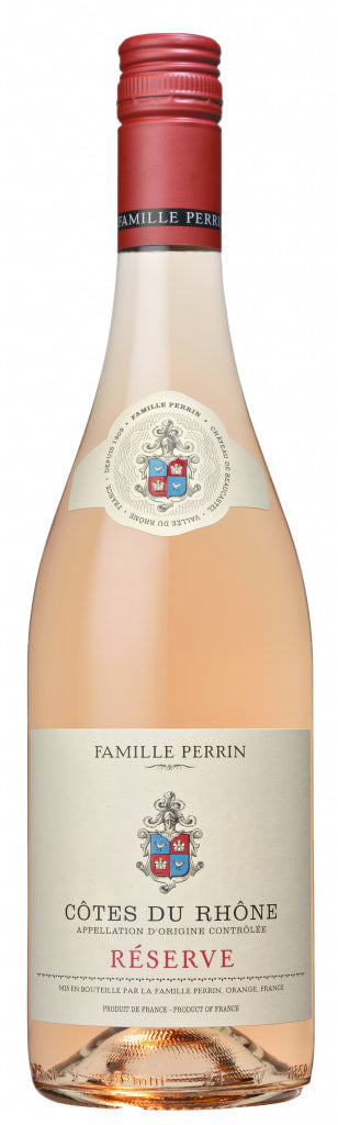 Bottle of Famille Perrin Cotes du Rhone Reserve wine with a red cap.