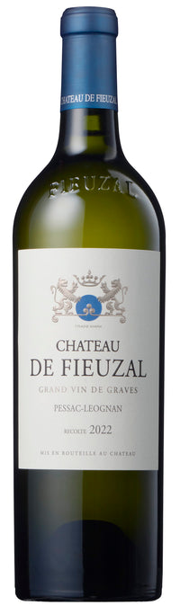Chateau de Fieuzal wine bottle with blue label