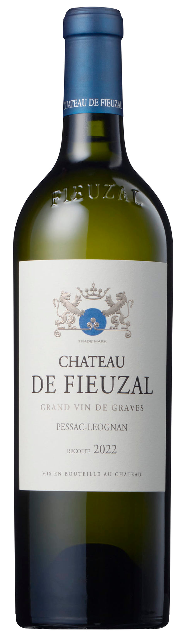 Chateau de Fieuzal wine bottle with blue label