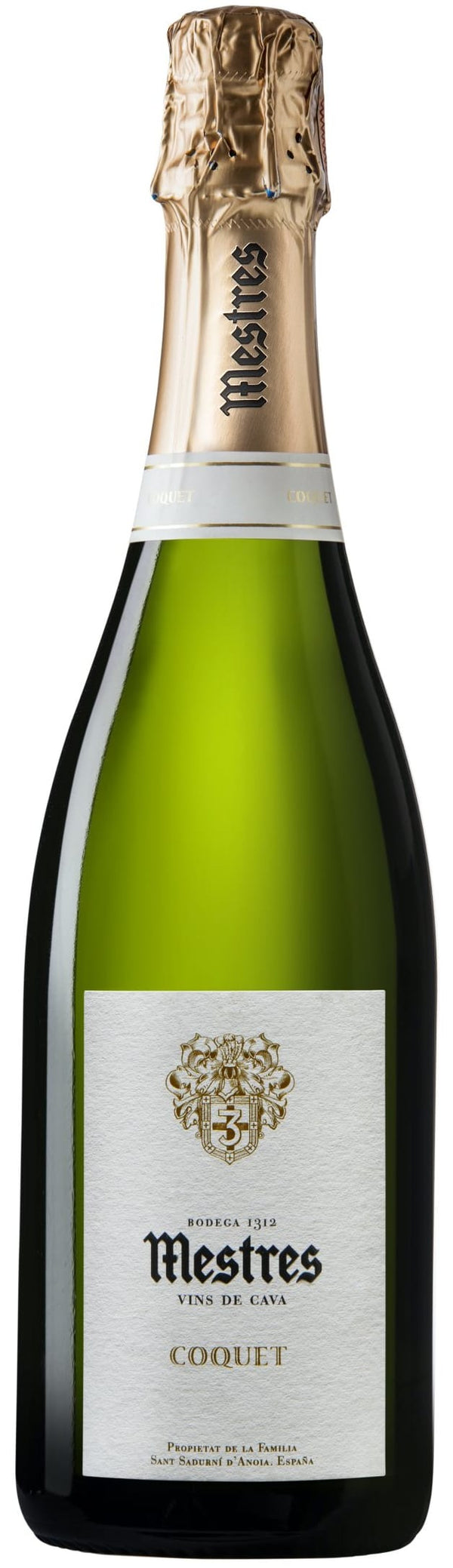 Bottle of Mestres Coquet white wine with a gold foil cap.