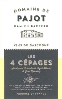 Wine label for Domaine de Pajot with text and a building illustration on a dark background.