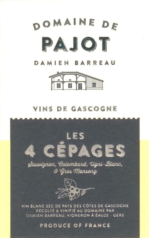 Wine label for Domaine de Pajot with text and a building illustration on a dark background.
