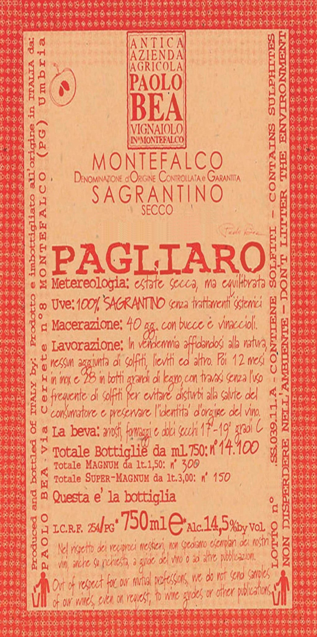 Paolo Bea Sagrantino Secco di Montefalco Vigneto Pagliaro 2019