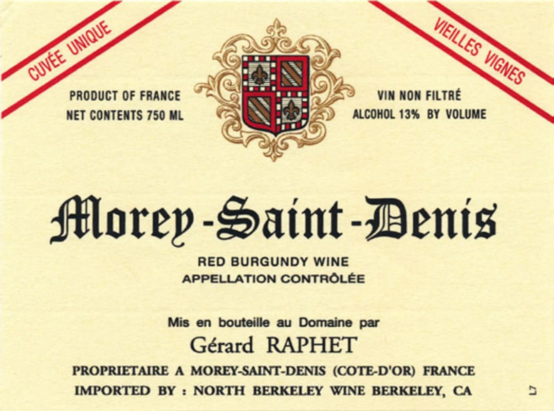 Wine label for Morey-Saint-Denis red Burgundy wine with a crest and text.