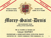 Wine label for Morey-Saint-Denis red Burgundy wine with a crest and text.