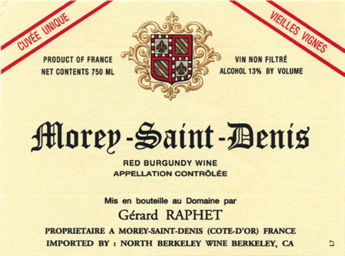 Wine label for Morey-Saint-Denis red Burgundy wine with a crest and text.