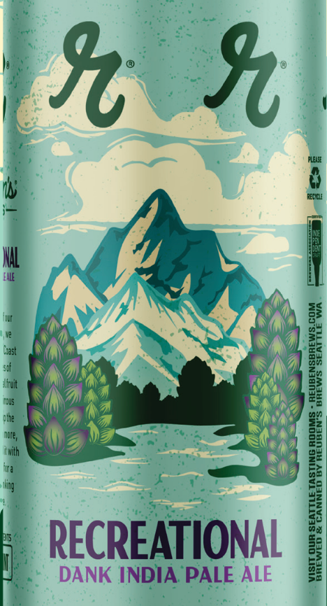 Can of Recreational Dank India Pale Ale with mountain and tree design on a teal background