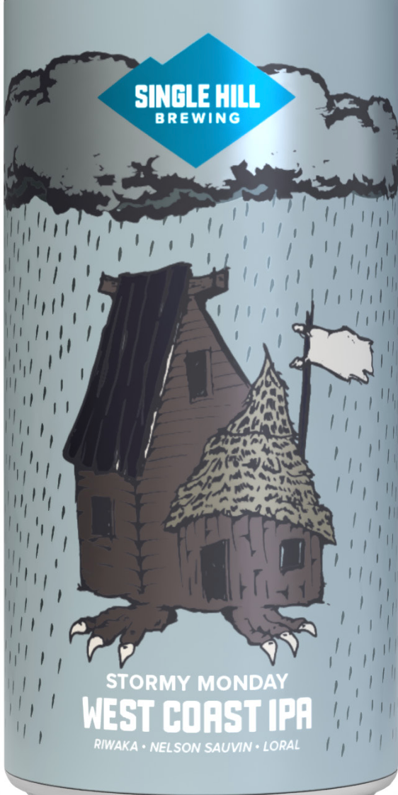 Can of Single Hill Brewing Stormy Monday West Coast IPA with a graphic of a house in the rain.