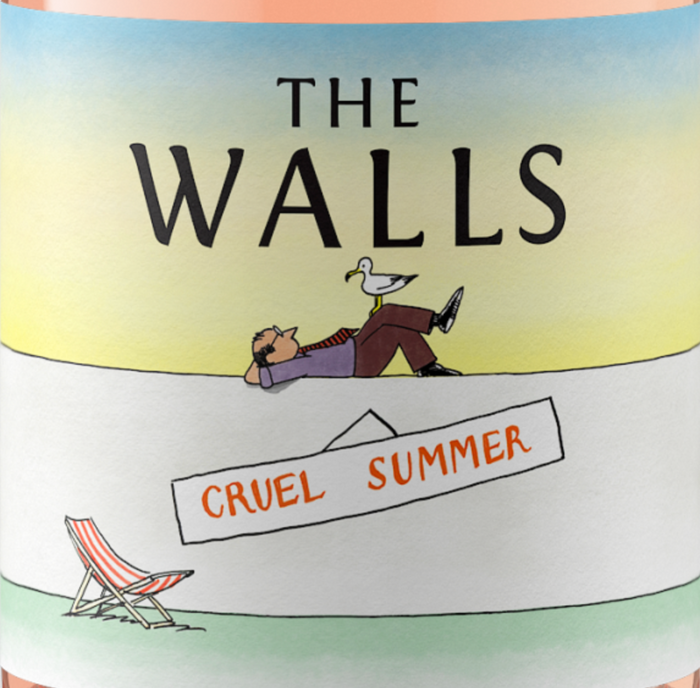Album cover for 'Cruel Summer' by The Walls with a gradient background and illustration of a person and seagull.