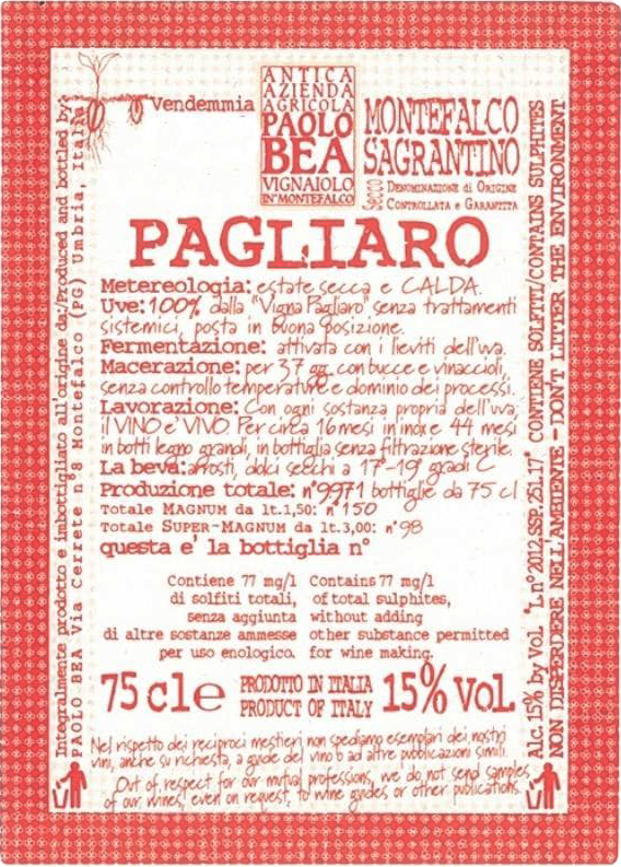 Paolo Bea Sagrantino Secco di Montefalco Vigneto Pagliaro 2019