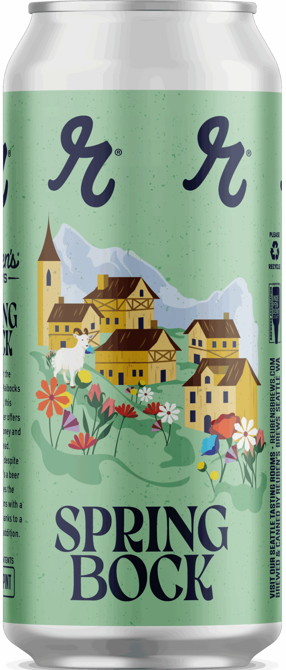 Can of Spring Bock beer with a scenic design on a green background