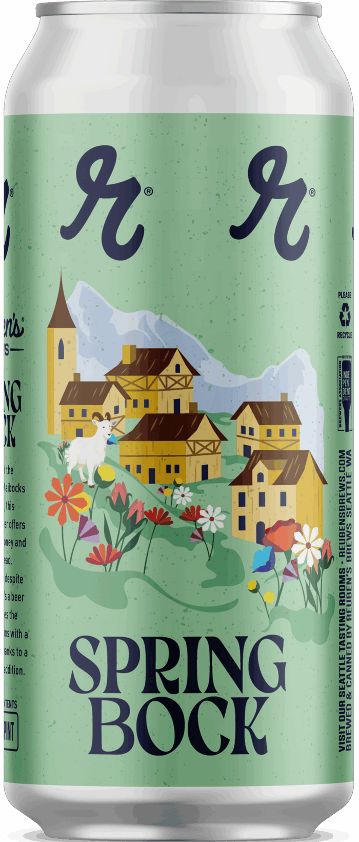 Can of Spring Bock beer with a scenic design on a green background
